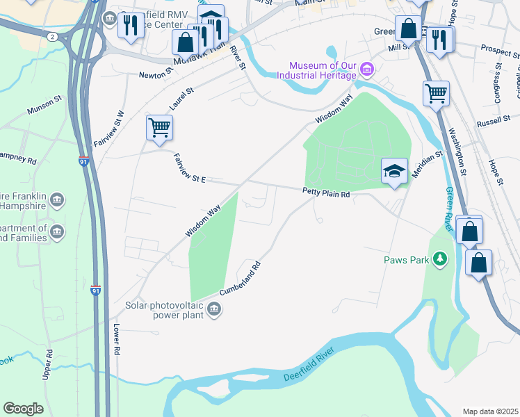 map of restaurants, bars, coffee shops, grocery stores, and more near 73 Solar Way in Greenfield