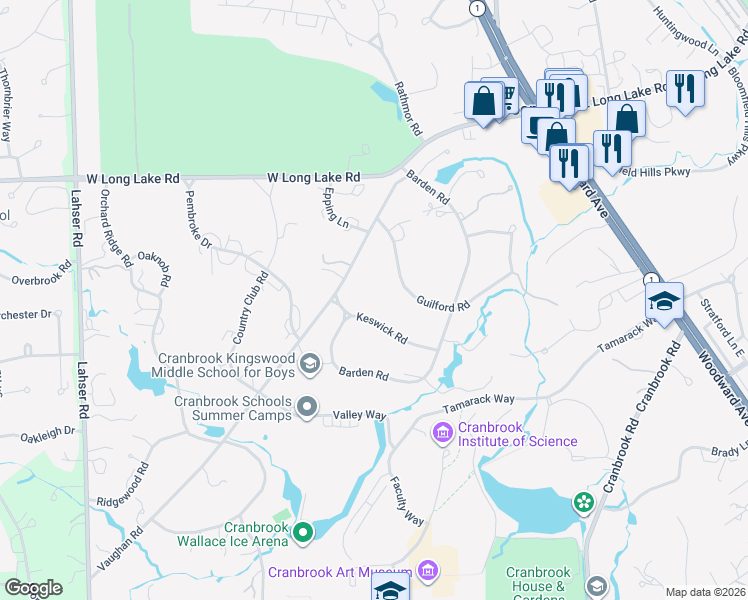 map of restaurants, bars, coffee shops, grocery stores, and more near 362 Keswick Road in Bloomfield Hills