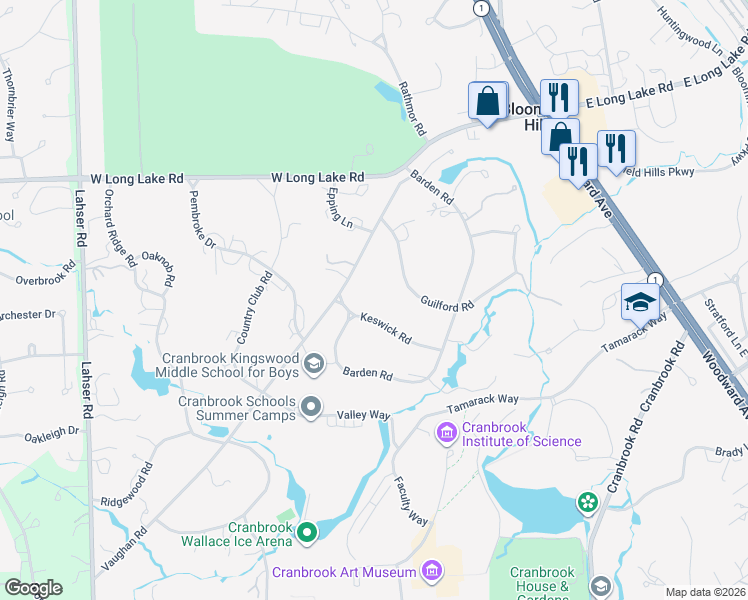 map of restaurants, bars, coffee shops, grocery stores, and more near 362 Keswick Road in Bloomfield Hills