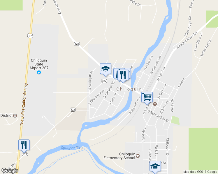 map of restaurants, bars, coffee shops, grocery stores, and more near 122 South Lalakes Street in Chiloquin