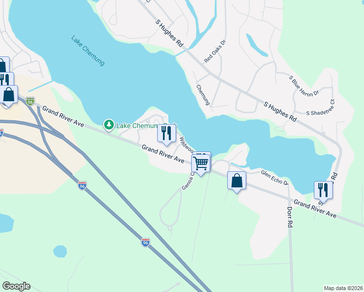 map of restaurants, bars, coffee shops, grocery stores, and more near 5475 East Grand River Road in Howell