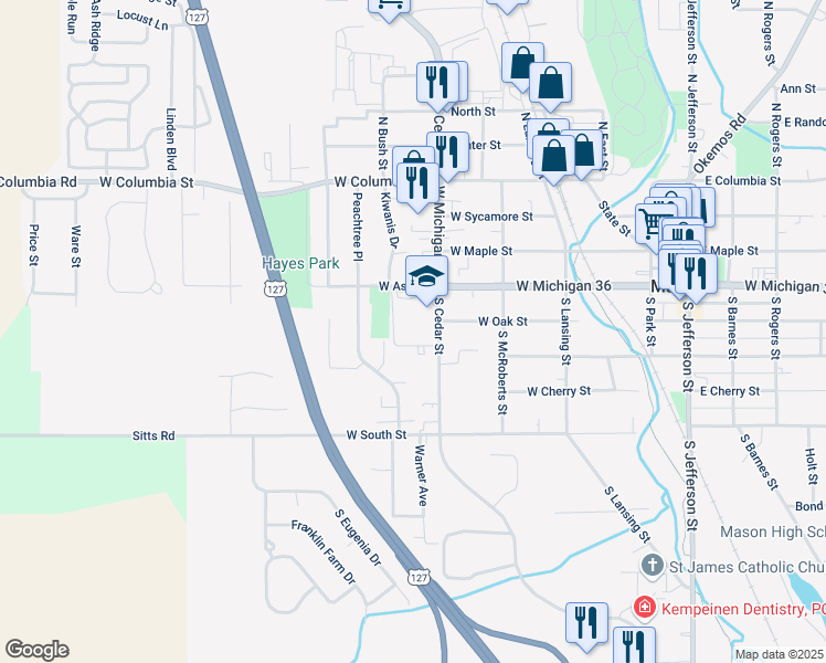 map of restaurants, bars, coffee shops, grocery stores, and more near 400 South Cedar Street in Mason