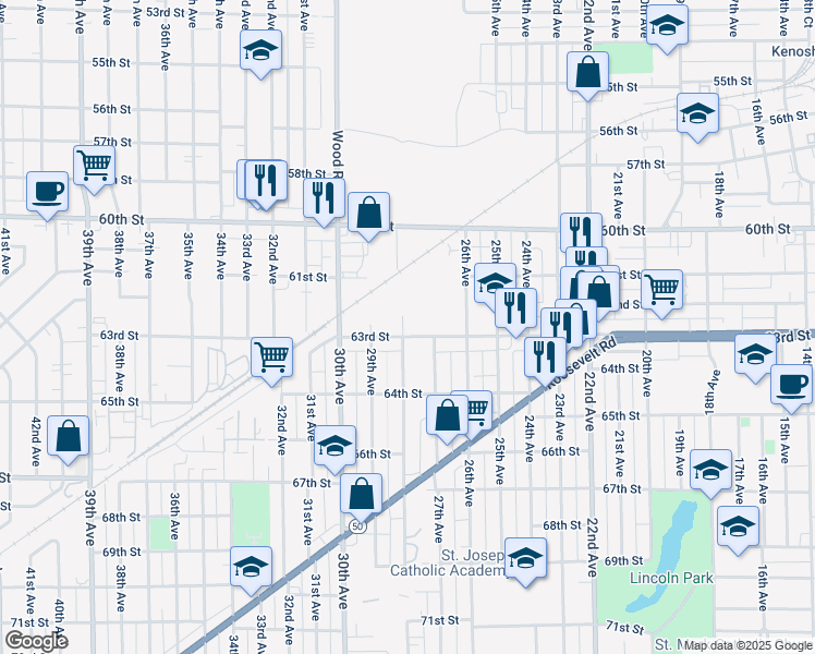 map of restaurants, bars, coffee shops, grocery stores, and more near 2803 63rd Street in Kenosha