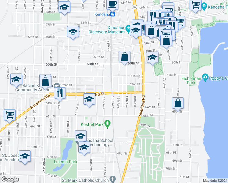 map of restaurants, bars, coffee shops, grocery stores, and more near 1214 63rd Street in Kenosha
