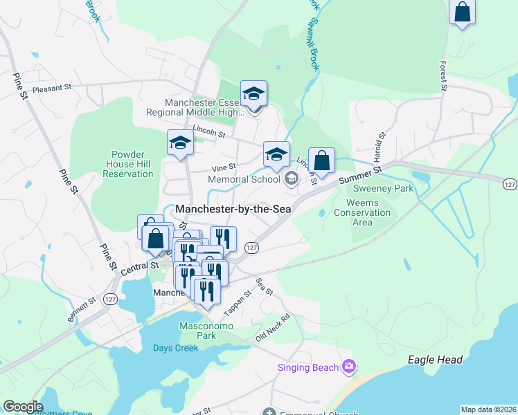 map of restaurants, bars, coffee shops, grocery stores, and more near 55 Brook Street in Manchester-by-the-Sea