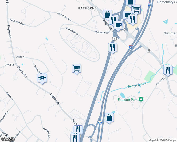 map of restaurants, bars, coffee shops, grocery stores, and more near Maple Street in Danvers