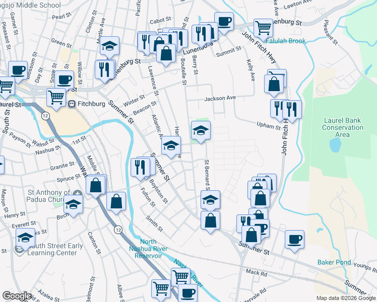 map of restaurants, bars, coffee shops, grocery stores, and more near 235 Boutelle Street in Fitchburg
