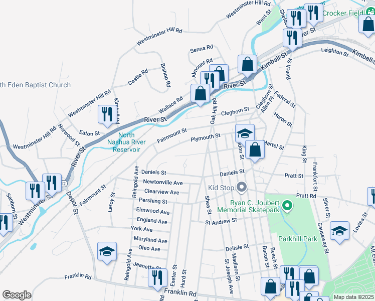 map of restaurants, bars, coffee shops, grocery stores, and more near 174 Columbus Street in Fitchburg