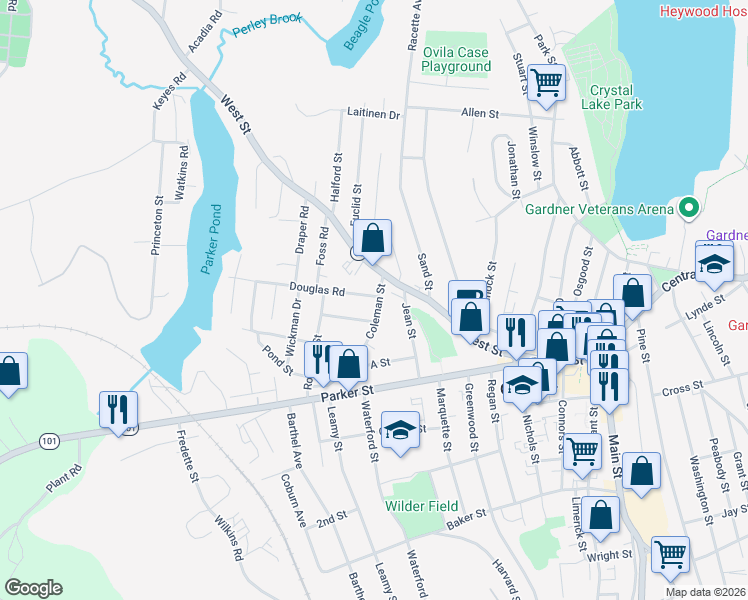 map of restaurants, bars, coffee shops, grocery stores, and more near 28 Coleman Street in Gardner
