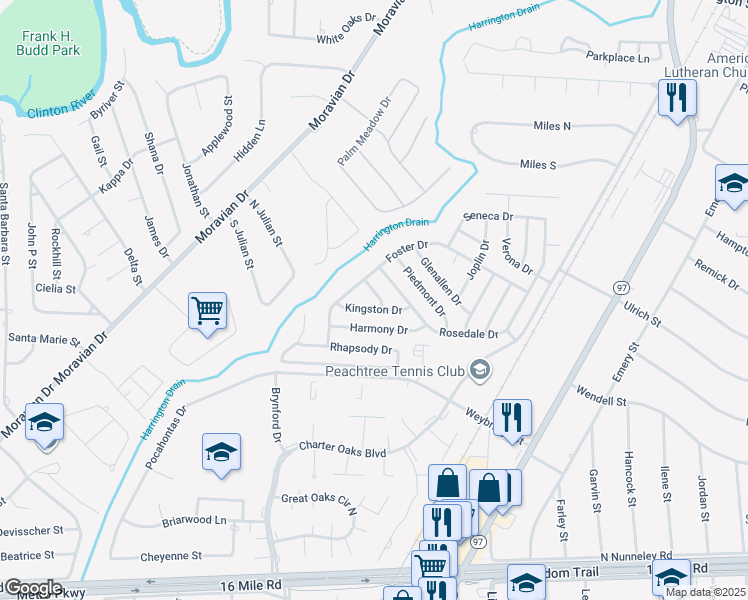 map of restaurants, bars, coffee shops, grocery stores, and more near 20543 Kingston Drive in Clinton Township