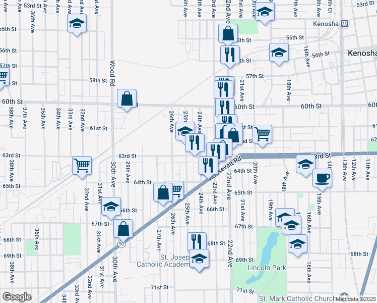 map of restaurants, bars, coffee shops, grocery stores, and more near 2407 63rd Street in Kenosha