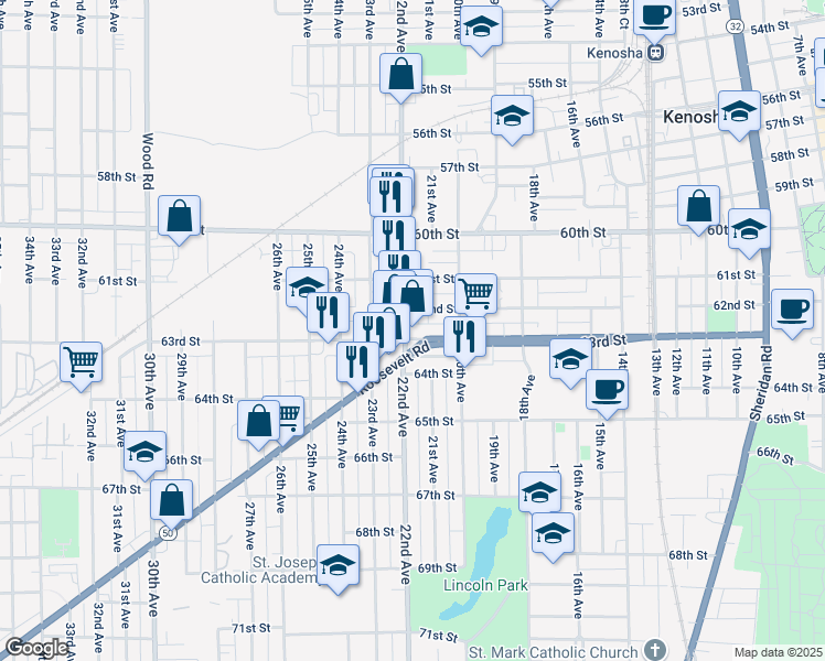 map of restaurants, bars, coffee shops, grocery stores, and more near 6217 22nd Avenue in Kenosha