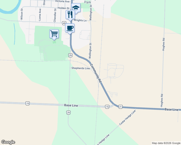 map of restaurants, bars, coffee shops, grocery stores, and more near 1501 Chatham-Kent County Road 21 in Dresden