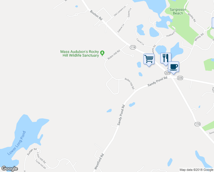 map of restaurants, bars, coffee shops, grocery stores, and more near Mockingbird Hill Road in Groton
