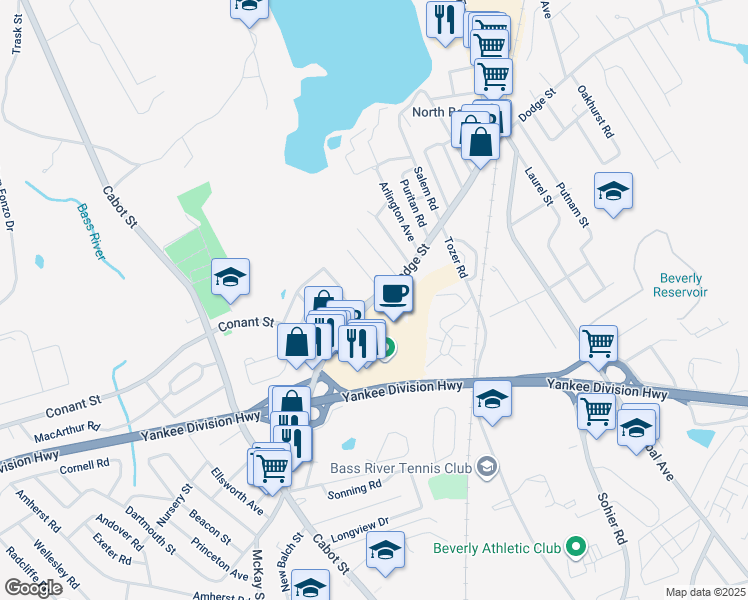 map of restaurants, bars, coffee shops, grocery stores, and more near 65 Dodge Street in Beverly