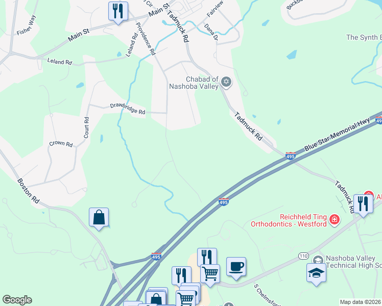map of restaurants, bars, coffee shops, grocery stores, and more near 104 Providence Road in Westford