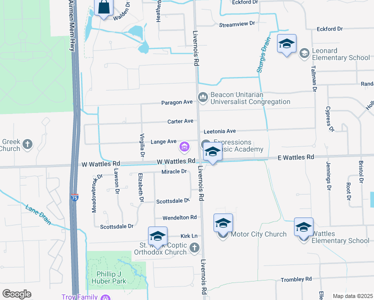 map of restaurants, bars, coffee shops, grocery stores, and more near 60 West Wattles Road in Troy