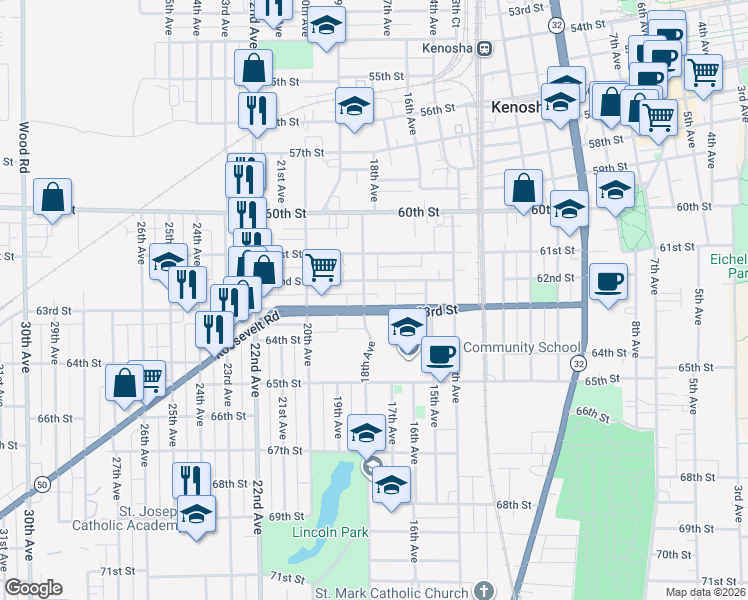 map of restaurants, bars, coffee shops, grocery stores, and more near 6219 18th Avenue in Kenosha