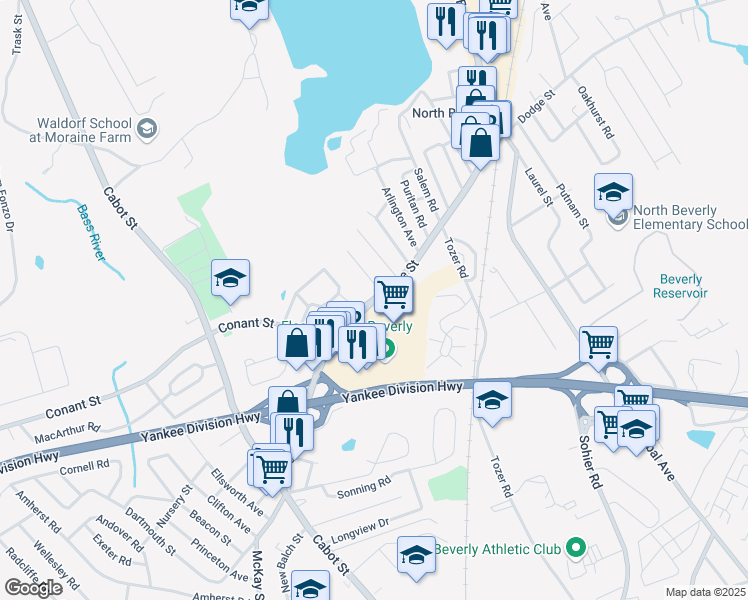 map of restaurants, bars, coffee shops, grocery stores, and more near 71 Dodge Street in Beverly