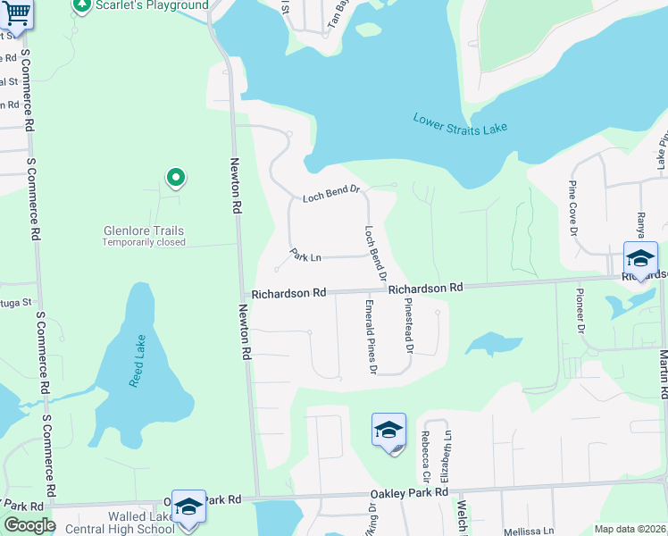 map of restaurants, bars, coffee shops, grocery stores, and more near 9361 Park Lane in Commerce Charter Township