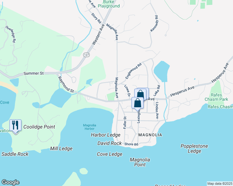 map of restaurants, bars, coffee shops, grocery stores, and more near 7 Magnolia Avenue in Gloucester
