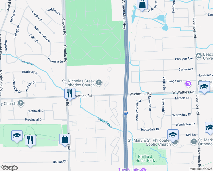 map of restaurants, bars, coffee shops, grocery stores, and more near 4154 Three Oaks Drive in Troy