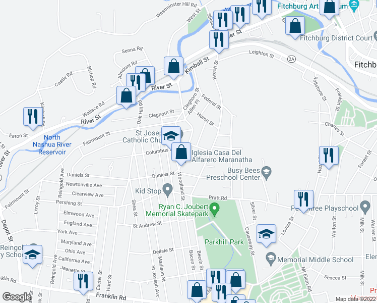 map of restaurants, bars, coffee shops, grocery stores, and more near 176 Daniels Street in Fitchburg