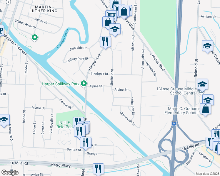 map of restaurants, bars, coffee shops, grocery stores, and more near 38207 Sheffield Street in Clinton Township