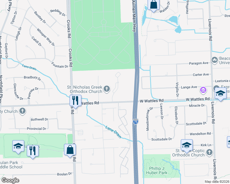 map of restaurants, bars, coffee shops, grocery stores, and more near 4154 Three Oaks Drive in Troy
