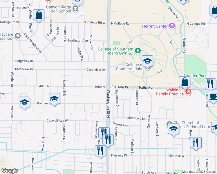 map of restaurants, bars, coffee shops, grocery stores, and more near 899 Washington Street North in Twin Falls