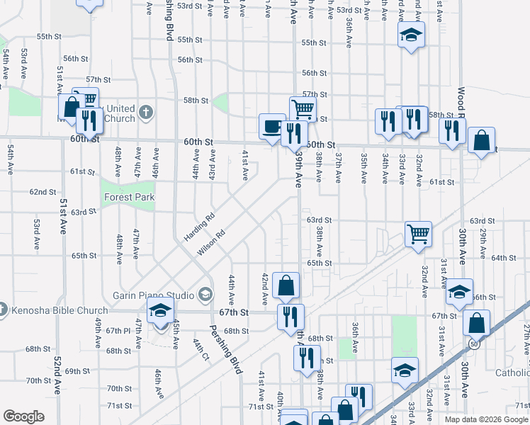 map of restaurants, bars, coffee shops, grocery stores, and more near 4202 Taft Road in Kenosha