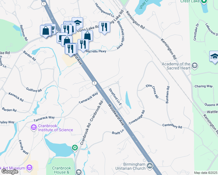 map of restaurants, bars, coffee shops, grocery stores, and more near 1049 Stratford Lane East in Bloomfield Hills