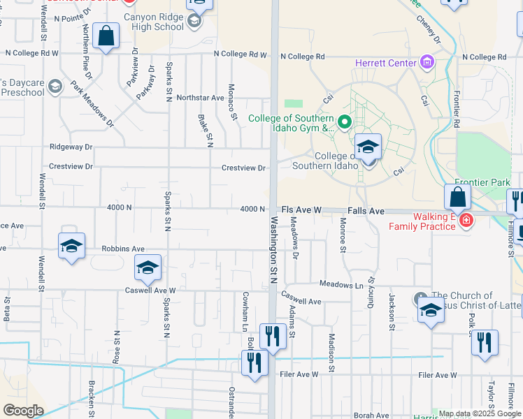 map of restaurants, bars, coffee shops, grocery stores, and more near 857-899 Washington Street North in Twin Falls