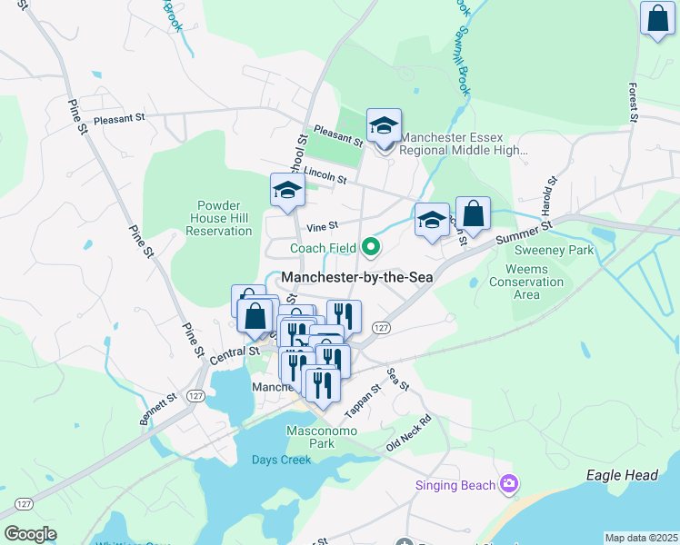 map of restaurants, bars, coffee shops, grocery stores, and more near 22 Desmond Avenue in Manchester-by-the-Sea
