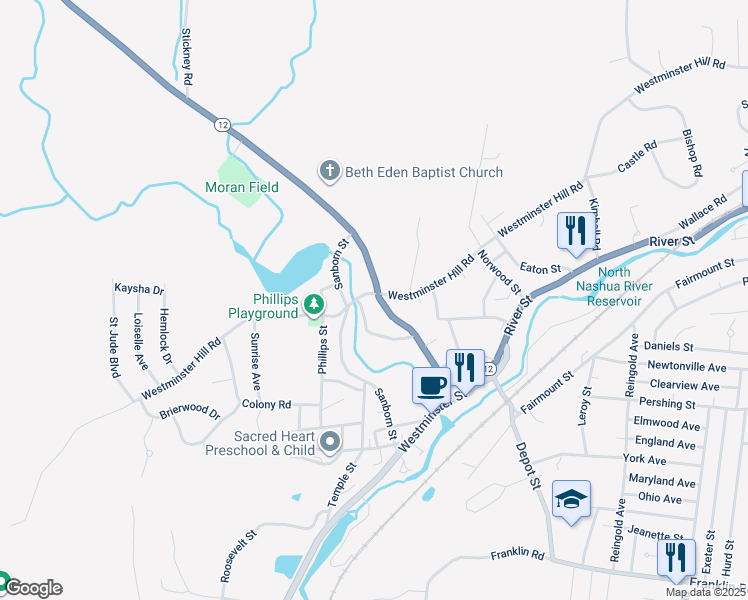 map of restaurants, bars, coffee shops, grocery stores, and more near 187 Ashburnham Street in Fitchburg