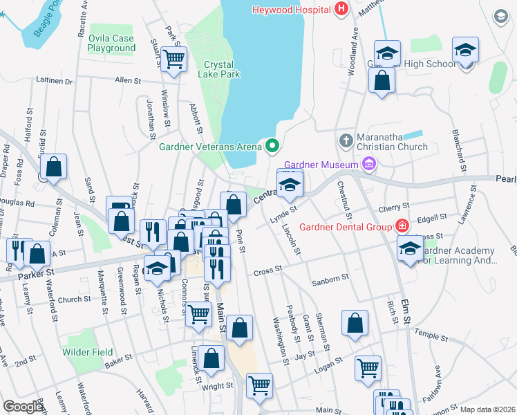 map of restaurants, bars, coffee shops, grocery stores, and more near 186 Central Street in Gardner
