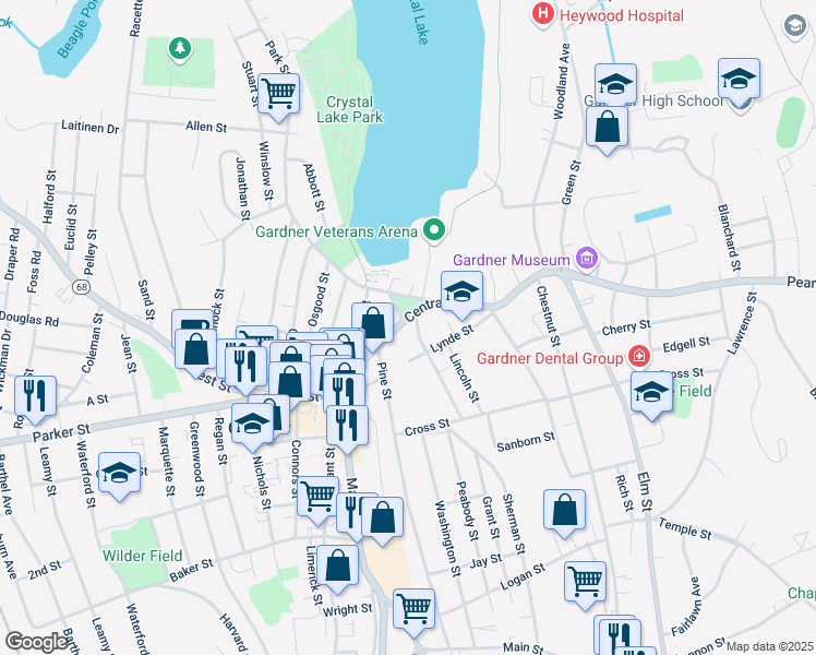 map of restaurants, bars, coffee shops, grocery stores, and more near 186 Central Street in Gardner