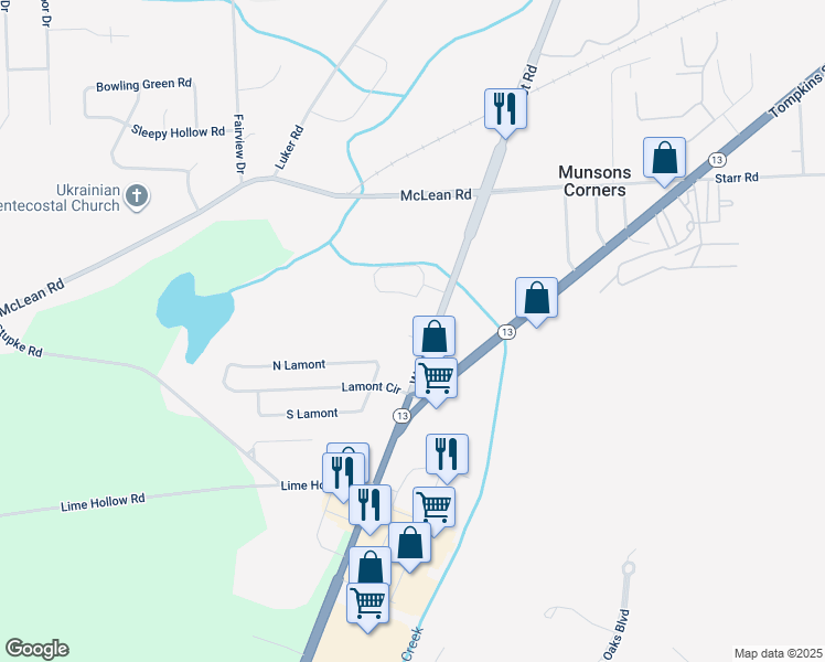 map of restaurants, bars, coffee shops, grocery stores, and more near 3533 New York 281 in Cortland