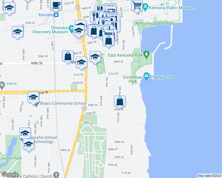 map of restaurants, bars, coffee shops, grocery stores, and more near 6305 7th Avenue in Kenosha