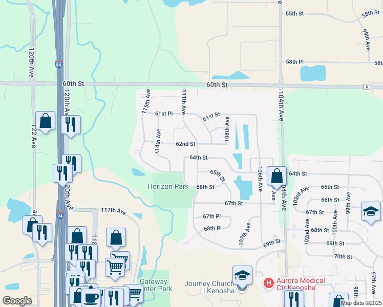 map of restaurants, bars, coffee shops, grocery stores, and more near 6401 112th Avenue in Kenosha
