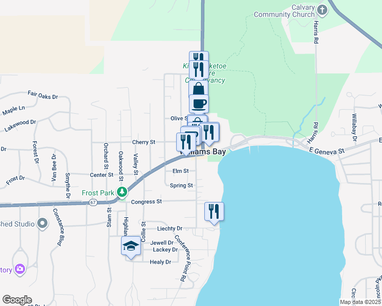 map of restaurants, bars, coffee shops, grocery stores, and more near 80 North Walworth Avenue in Williams Bay