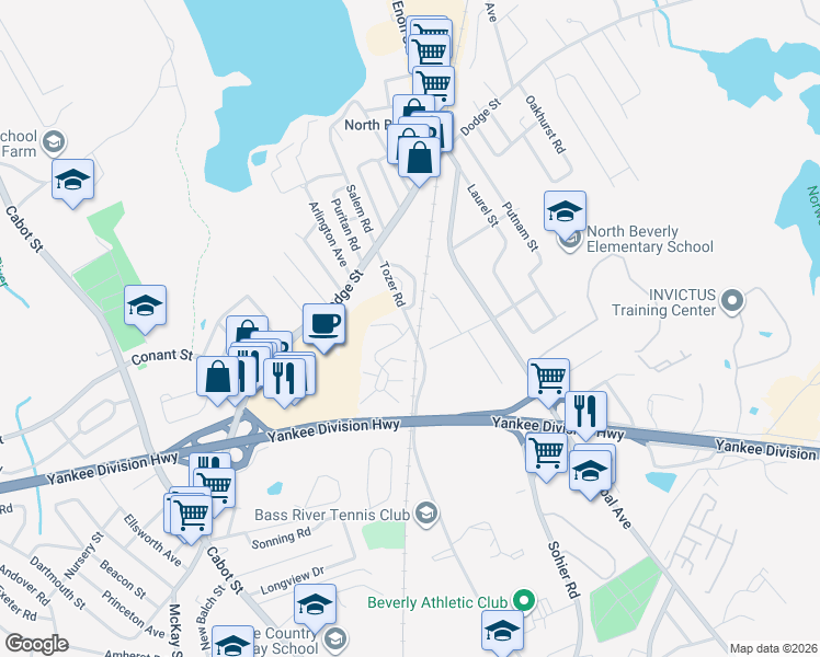 map of restaurants, bars, coffee shops, grocery stores, and more near 0 Beverly Commons Drive in Beverly