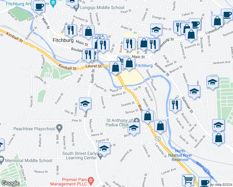 map of restaurants, bars, coffee shops, grocery stores, and more near 31 Nashua Street in Fitchburg