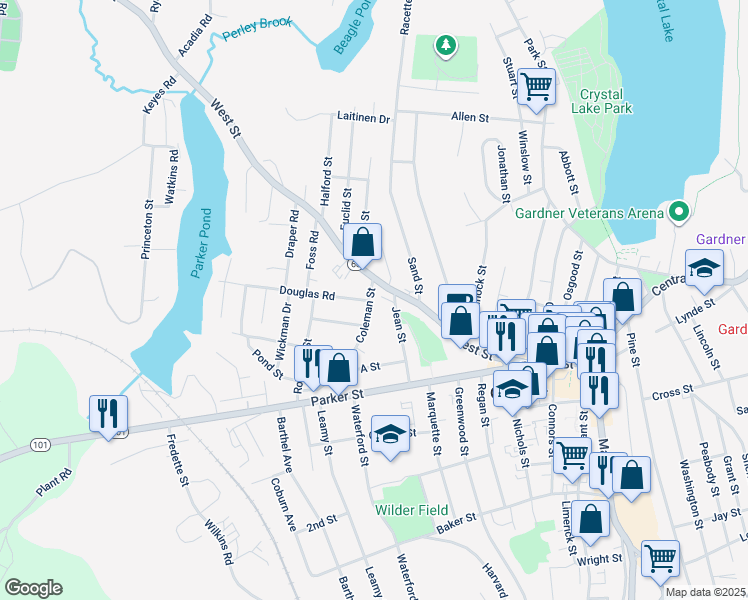 map of restaurants, bars, coffee shops, grocery stores, and more near 14 Coleman Street in Gardner