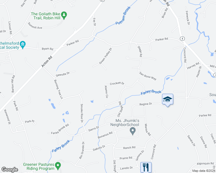 map of restaurants, bars, coffee shops, grocery stores, and more near 10 Crockett Drive in Chelmsford