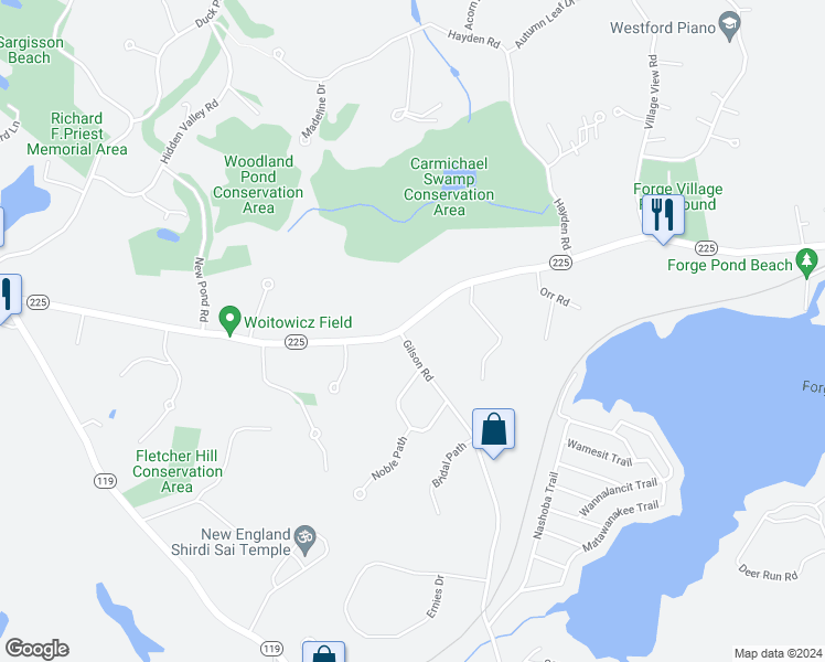 map of restaurants, bars, coffee shops, grocery stores, and more near 218 Forge Village Road in Groton
