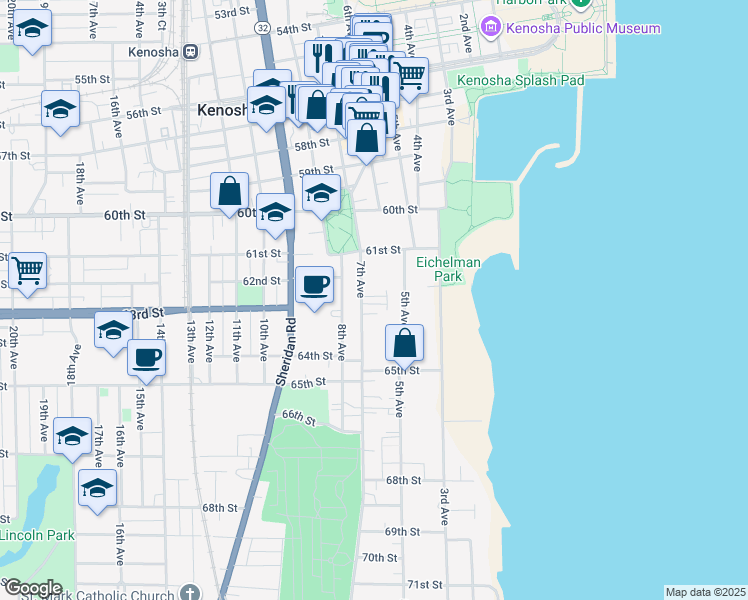 map of restaurants, bars, coffee shops, grocery stores, and more near 6225 7th Avenue in Kenosha