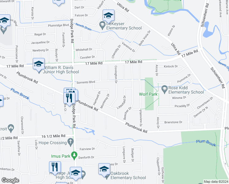 map of restaurants, bars, coffee shops, grocery stores, and more near 38525 Covington Drive in Sterling Heights