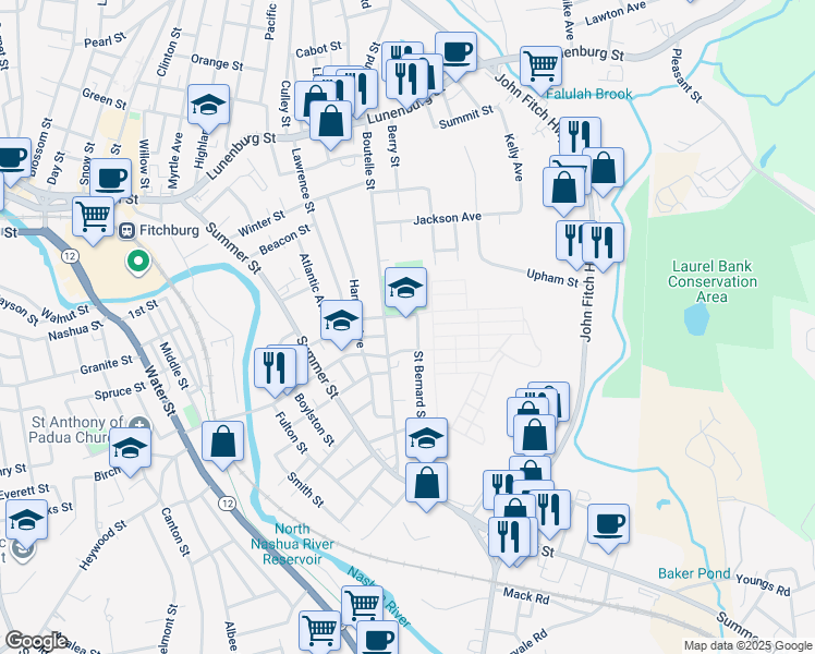 map of restaurants, bars, coffee shops, grocery stores, and more near 111 Goodrich Street in Fitchburg