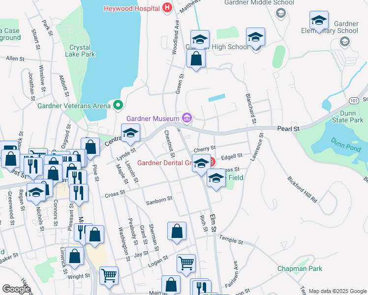map of restaurants, bars, coffee shops, grocery stores, and more near 60 Chestnut Street in Gardner